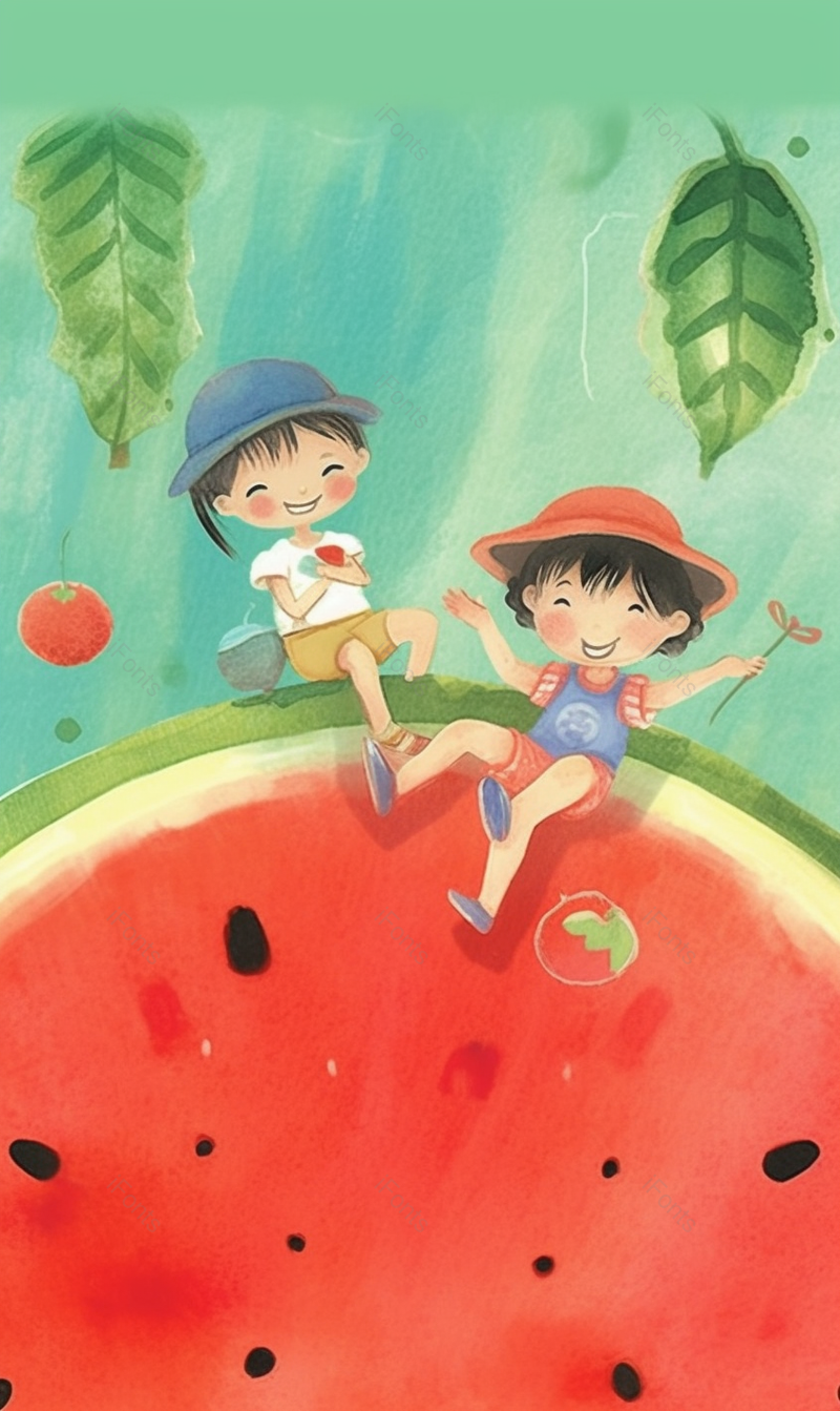 两个小女孩坐在红色的西瓜模型上玩耍儿童节创意插画素材壁纸,插画/手绘图,插画/手绘图库,插画/手绘图下载,插画/手绘